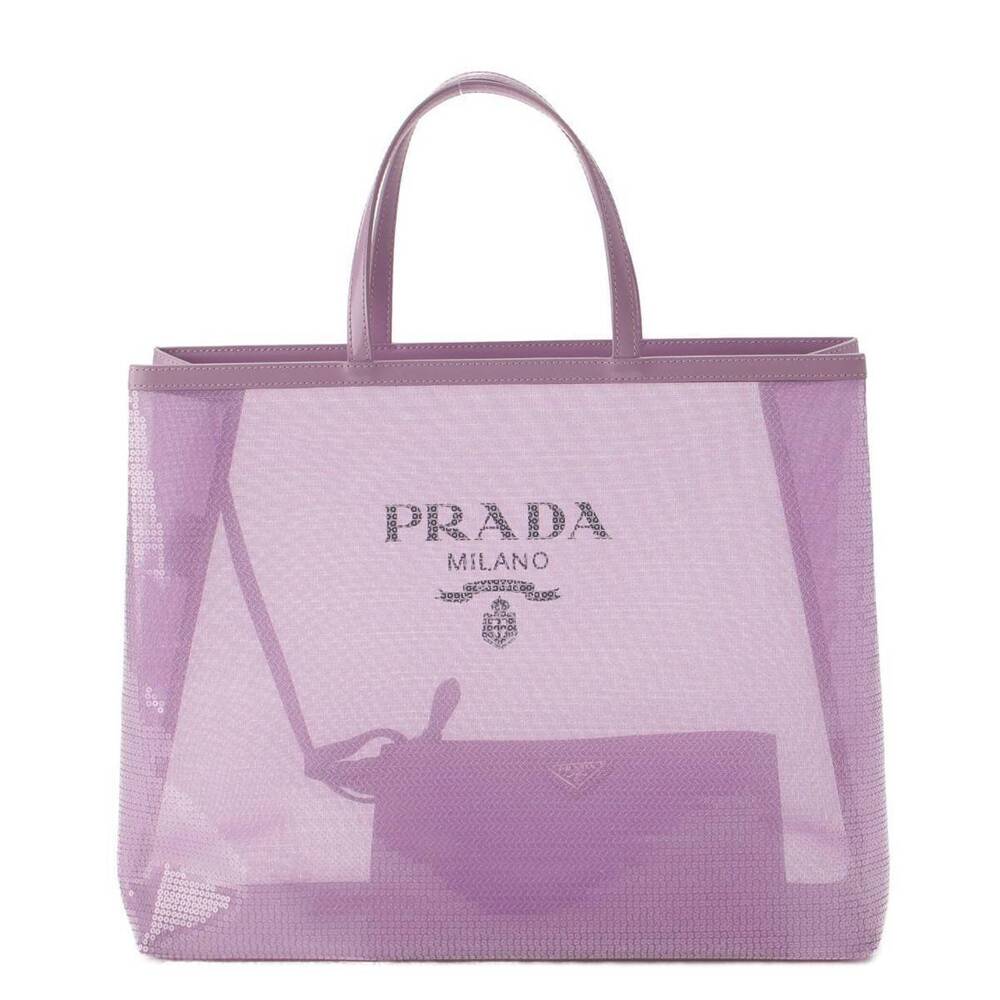 Prada Sequin Mesh Tote Bag Handbag Clutch Purple